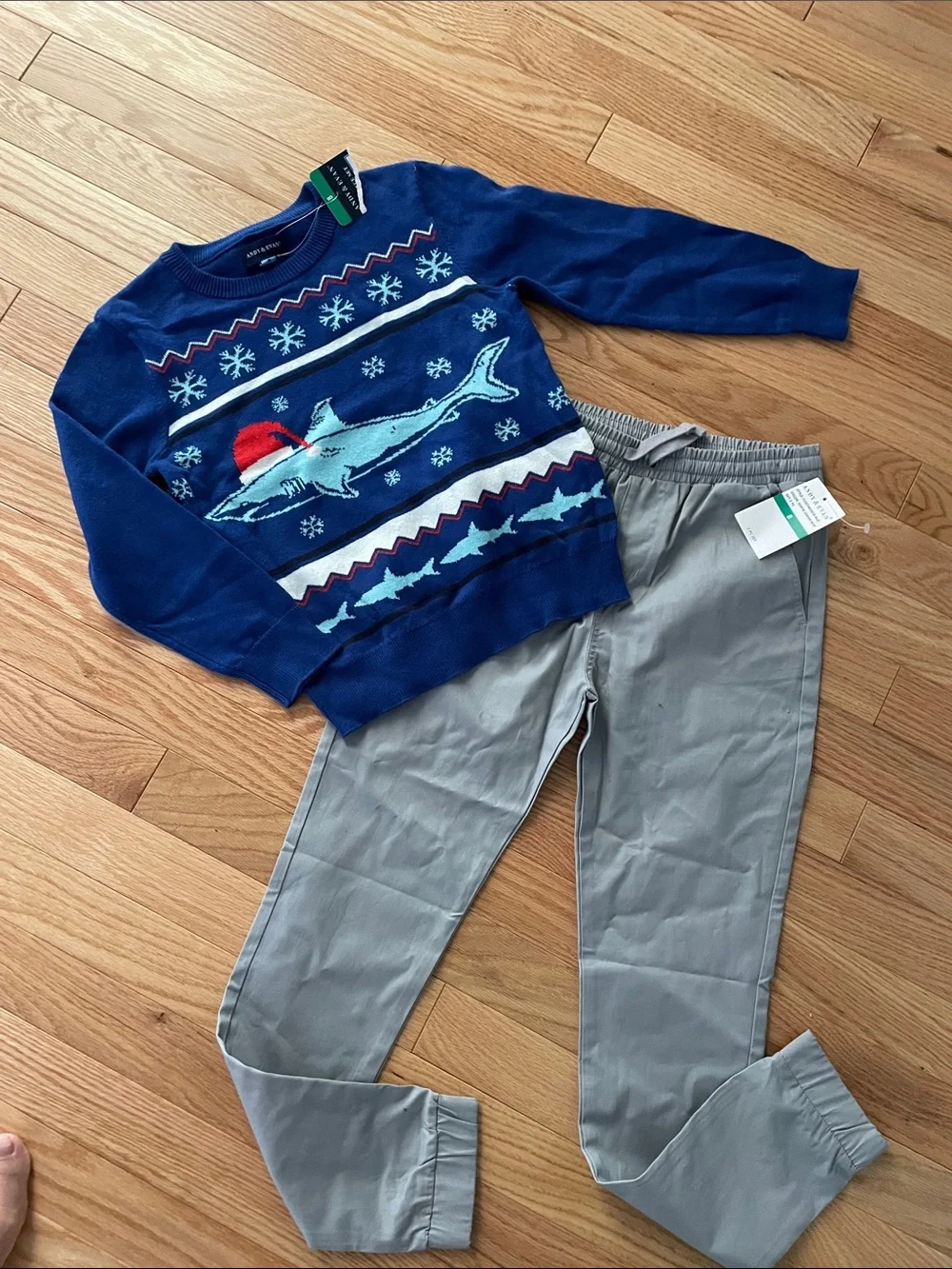 2pc Andy & Evan boys outfit size 8 gray pants blue holiday sweater nwt